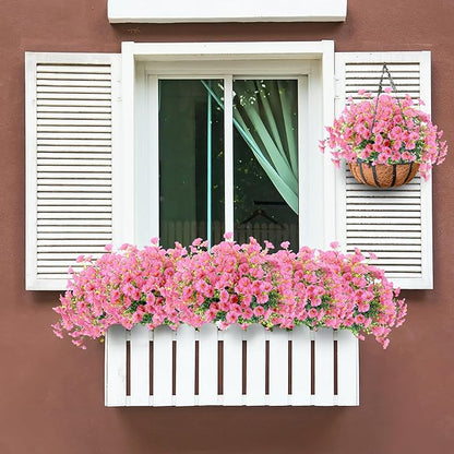 Artificial Flowers for Outdoors 12 Bundles Realistic Faux Plants UV Resistant Fake Silk Morning Glory with Eucalyptus for Front Door Planter Patio Porch Outside Spring Summer Decoration (Pink)