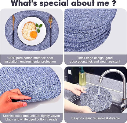 4 Pack Oval Woven Placemats, 12x16 inches Rattan Place Mats Cotton Pot Holders Wicker Tablemats Boho Braided Heat Resistant Mats, Plate Chargers for Table (Mix Blue, Oval Set of 4)