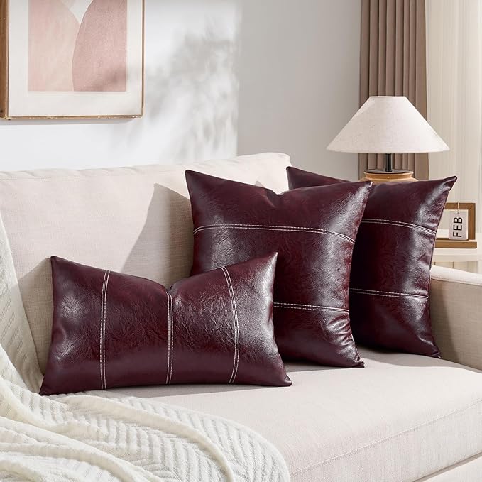 Fancy Homi 2 Packs Burgundy Faux Leather Decorative Throw Pillow Covers 16x16 Inch for Living Room Couch Bed, Modern Farmhouse Home Decor, Wine Red Hand Stitched Accent Square Cushion Case 40x40 cm