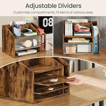 Wooden Desk Organizer with Adjustable Partitions, Multi-Layer Desktop File Holder for Home Office, Paper & Stationery Storage Organizer, Rustic Brown MWJ04FG