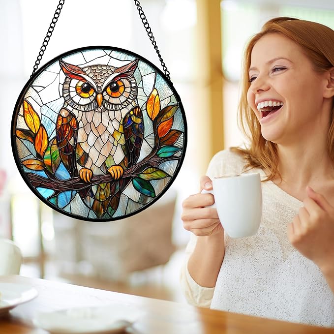 DASTOLL Stained Glass Window Hanging, Owl Colorful Leaves Birds Sun Catchers Diamond Glass Panel Hangings Suncatcher Decor for Birthday for Women, Men, Wife, Aunt, and Mom 14.9x14.9 in