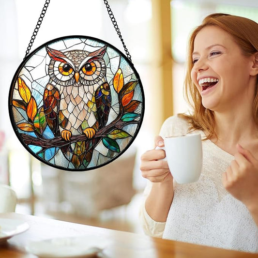 DASTOLL Stained Glass Window Hanging, Owl Colorful Leaves Birds Sun Catchers Diamond Glass Panel Hangings Suncatcher Decor for Birthday for Women, Men, Wife, Aunt, and Mom 14.9x14.9 in