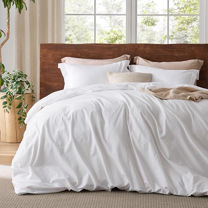 Bedsure 100% Washed Cotton Duvet Cover Queen Size - Bright White Minimalist Cotton Duvet Cover Linen Like for All Seasons - GentleSoft™ Plain Simple Bedding (Bright White, Queen, 90"x90")