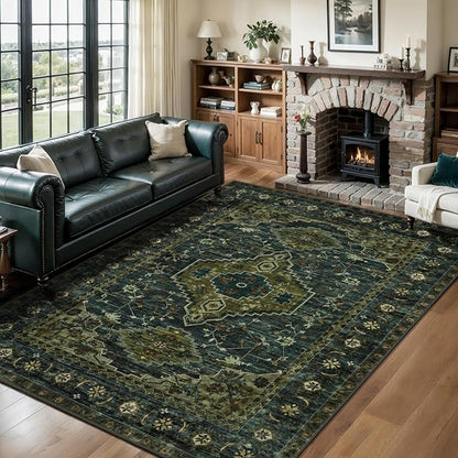 Tangsoo 3x5 Washable Rugs Oriental Area Rug, Vintage Non Slip Indoor Accent Rug, Print Distressed Olive Green Carpet, Soft Low Pile Rug for Living Room Dining Bedroom Bedside Entryway