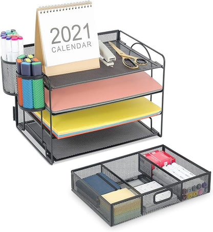 Marbrasse Desk Organizer and Accessories4-Tier Paper File Letter Tray Accessories & Workspace Desk Organizers with Drawer and 2 Pen Holders for School Home Office Supplies (Black)