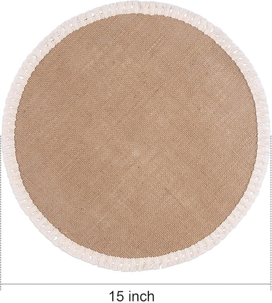 FunWheat 15 Inch Round Jute Placemats Set of 12, Braided Burlap Table Mats for Dining Table, Heat Resistant Farmhouse Woven Placemats for Fall Farmhouse Decor (Short Tassels)