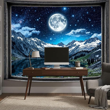 Lifeel Fantasy Mountain Lake Tapestry, Snowy Peaks Moon Landscape Window Tapestries, Living Room Bedroom Decoration, 36x48 inches