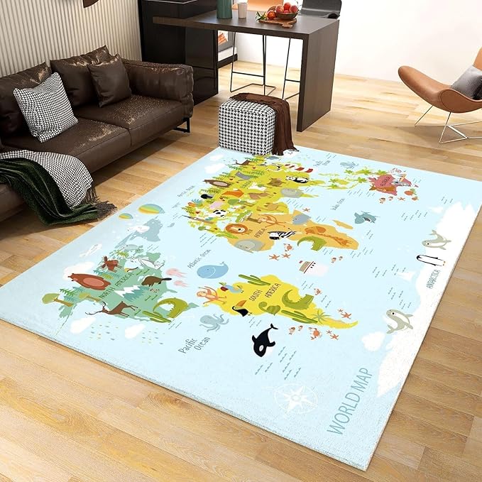 Cartoon Color Animal World Map Area Rugs, Animal World Map Print Carpet, Indoor Non-Slip Kids Rugs, Machine Washable Breathable Durable Carpet for Front Entrance Floor Decor,5 x 7ft