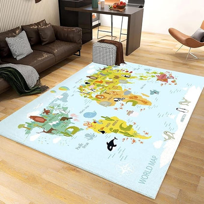Cartoon Color Animal World Map Area Rugs, Animal World Map Print Carpet, Indoor Non-Slip Kids Rugs, Machine Washable Breathable Durable Carpet for Front Entrance Floor Decor,6 x 8ft