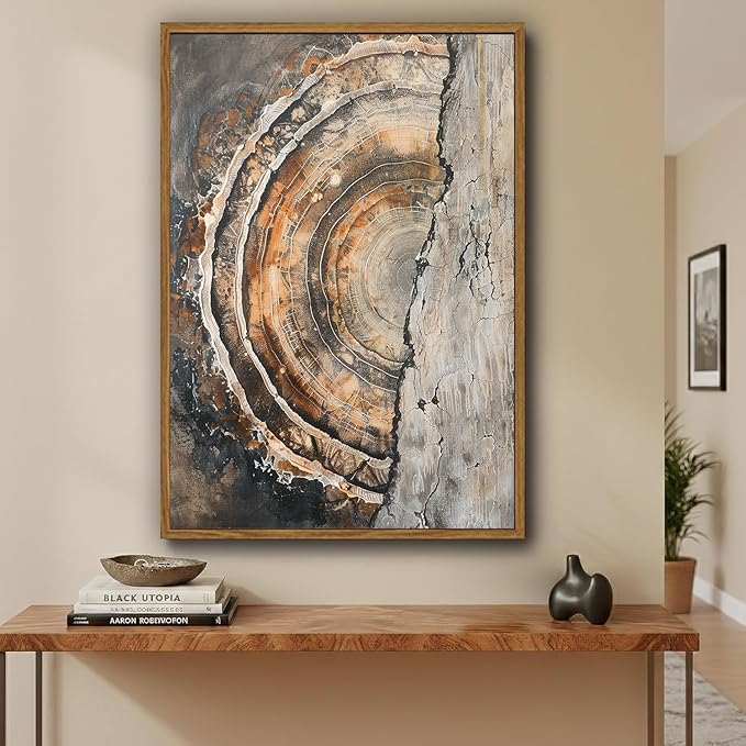 IBHJSART Framed Tree Ring Canvas Wall Art Vintage Colorful Wood Stump Painting Prints Modern Minimalist Pictures Neutral Nature Rustic Farmhouse Decor Living Room Bedroom Bathroom Office