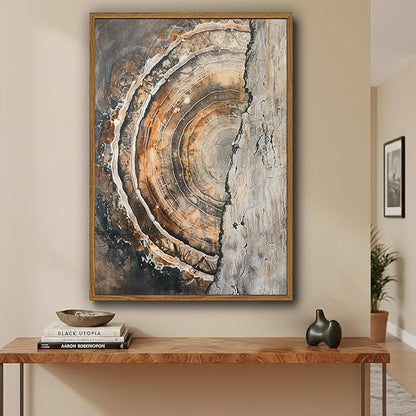IBHJSART Framed Tree Ring Canvas Wall Art Vintage Colorful Wood Stump Painting Prints Modern Minimalist Pictures Neutral Nature Rustic Farmhouse Decor Living Room Bedroom Bathroom Office