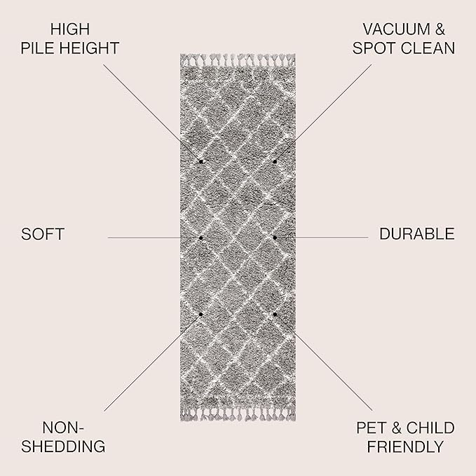 JONATHAN Y Mercer Shag Plush Tassel Gray/Ivory Runner Rug, 2x8, Moroccan Geometric Trellis, Easy-Cleaning for Living Room, Bedroom, Kitchen, Pet Friendly, Non-Shedding (MCR101C-28)