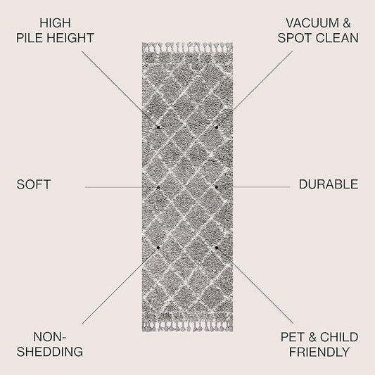 JONATHAN Y Mercer Shag Plush Tassel Gray/Ivory Runner Rug, 2x8, Moroccan Geometric Trellis, Easy-Cleaning for Living Room, Bedroom, Kitchen, Pet Friendly, Non-Shedding (MCR101C-28)