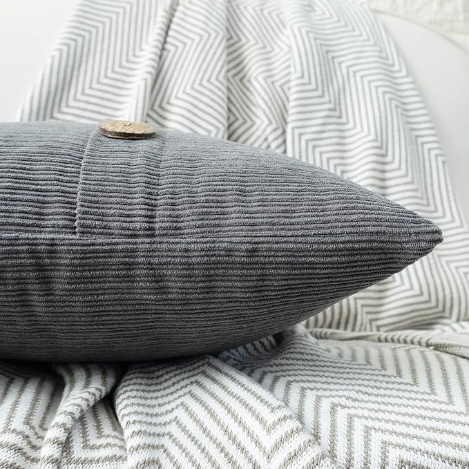 HWY 50 Gray Grey Chenille Throw Pillow Covers 20x20 Inch with Triple Buttons, Soft Farmhouse Accent Decorative Cushion Cases for Couch Sofa Bed Living Room Pack of 2