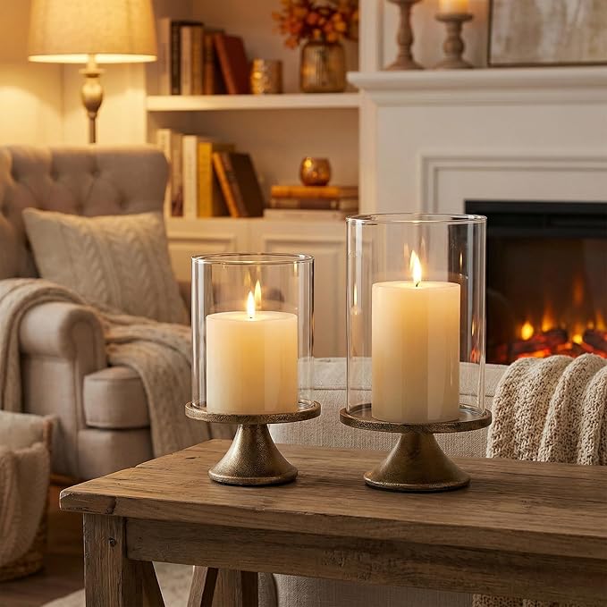 Set of 2 Hurricane Candle Holder Set with Glass Dome & Iron Base – Elegant Decorative Pillar Candle Holders for Living Room, Dining Room & Bedroom Centerpiece - Ideal Home Décor