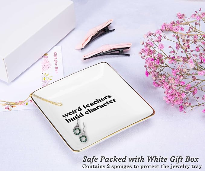 Weird Teachers Build Character-Rainbow,Tutor Mentor Appreciation Gift,Thank You for Teaching Presents,Teacher Appreciation Week Presents,Christmas Gift-Ceramic Jewelry Tray Trinket Holder Ring Dish