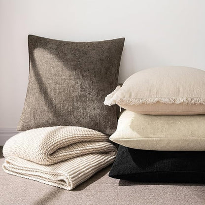 MIULEE Pack of 2 Decorative Throw Pillow Covers Soft Chenille Throw Pillows Solid Textured Cushion Covers Christmas Home Decor for Couch Sofa Bedroom Living Room 18x18 Inch, Light Beige