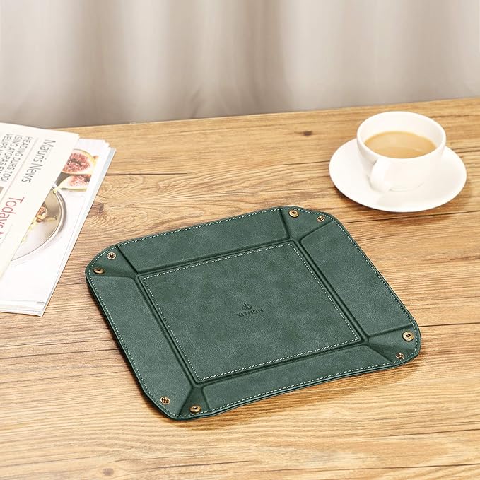 SITHON Valet Tray Desktop Storage Organizer – Premium PU Leather Catchall Bedside Vanity Tray Nightstand Caddy Holder for Remote Controller, Keys, Phone, Wallet, Coin, Jewelry, Dark Green