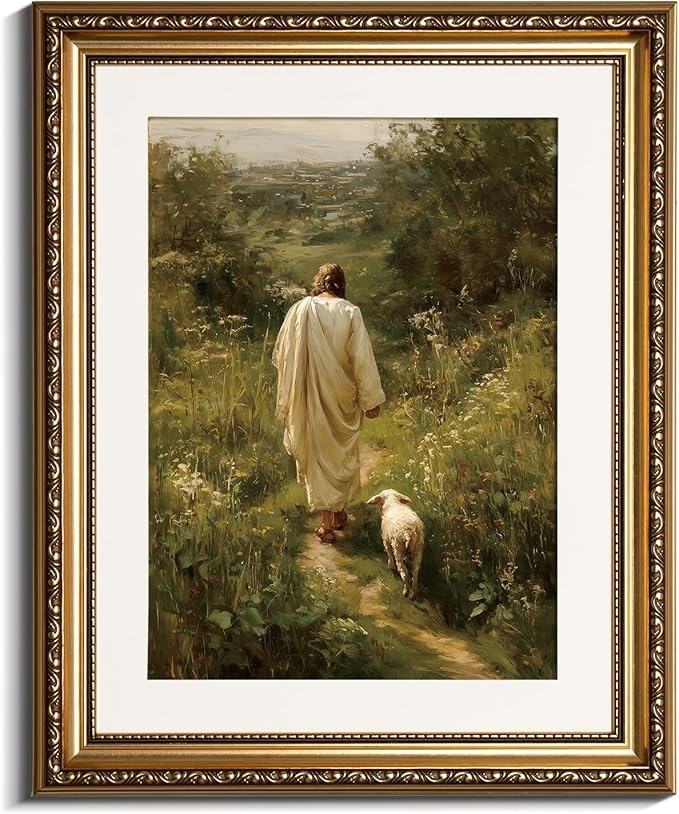InSimSea Gold Framed Canvas Wall Art Room Decor Christian Jesus Wall Decor for Prayer Room Jesus and Lamb Oil Printing Artwork for Living Room Bedroom Church Home Office 16×13in