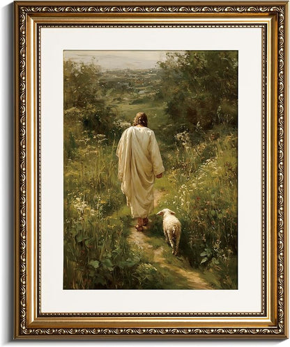InSimSea Gold Framed Canvas Wall Art Room Decor Christian Jesus Wall Decor for Prayer Room Jesus and Lamb Oil Printing Artwork for Living Room Bedroom Church Home Office 16×13in