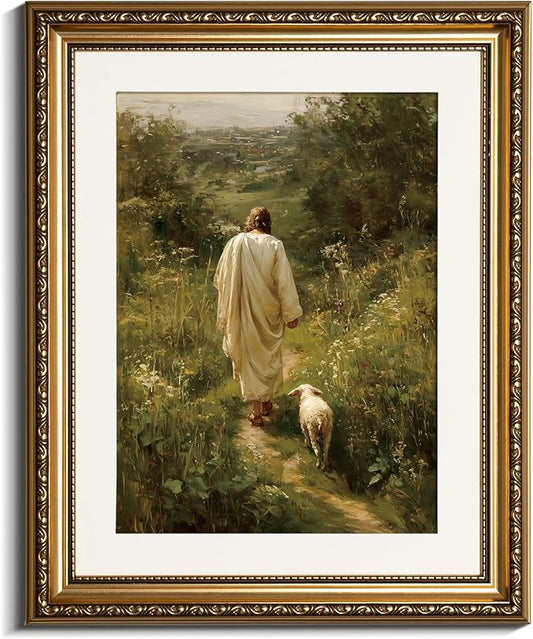 InSimSea Gold Framed Canvas Wall Art Room Decor Christian Jesus Wall Decor for Prayer Room Jesus and Lamb Oil Printing Artwork for Living Room Bedroom Church Home Office 16×13in