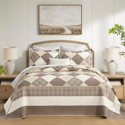 Farmhouse Bedspread King Size 120"x120" - 100% Cotton Lightweight Oversized King Quilt with 2 Pillowshams, Printed Diamond Quilted Bedding Coverlet for All Season, Brown/Beige/Khaki