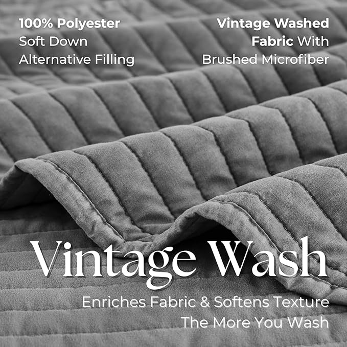DOWN HOME King Quilt Bedding Set with Shams, Vintage Washed Soft Quilted Blanket Thin Comforter Lightweight Bedspread Coverlet Bed Cover, Brushed Microfiber Stripe Stitching, Ash Gray, 104"x90"