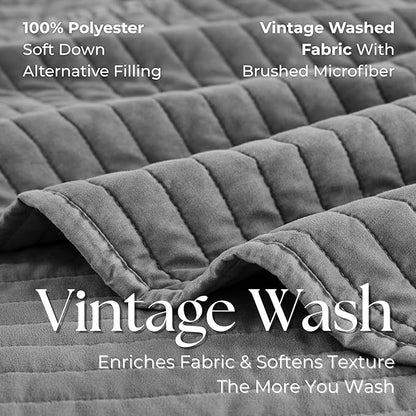 DOWN HOME Queen Quilt Bedding Set with Shams, Vintage Washed Soft Quilted Blanket Thin Comforter Lightweight Bedspread Coverlet Bed Cover, Brushed Microfiber Stripe Stitching, Ash Gray, 86"x90"