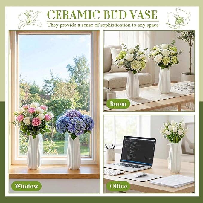 Qinyoung White Ceramic Bud Vase Set of 8, 8'' Small White Flower Vase for Centerpieces Floral Decor for Wedding Party Dining Table Home Decoration(Minimalist)