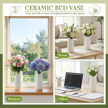 Qinyoung White Ceramic Bud Vase Set of 8, 8'' Small White Flower Vase for Centerpieces Floral Decor for Wedding Party Dining Table Home Decoration(Minimalist)