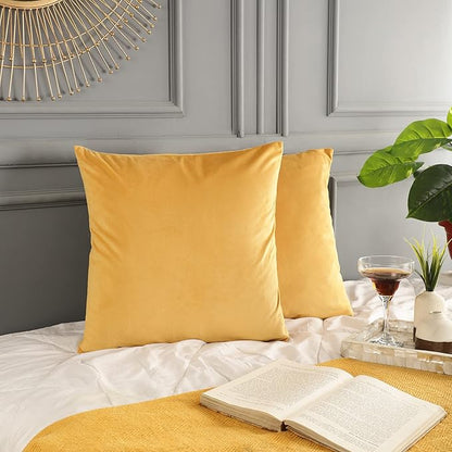 RELY+ Pack of 2 Throw Pillow Covers 16x16 Inch Velvet Soft Cozy Solid Decoration Gifts Pillow Covers Luxury Cushion Case for Sofa Couch Bedroom Living Room (Gold, 18 X 18)