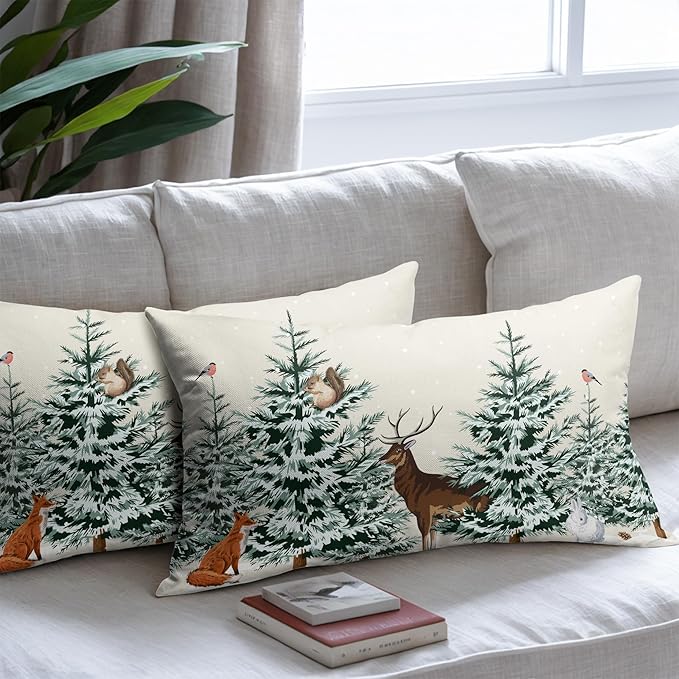 Christmas Tree Lumbar Pillow Covers 12x20 Set of 2 Deer Animal Print Decorative Outdoor Dark Green Xmas Throw Pillow Cases Rustic Winter Holiday Decoration Farmhouse Sofa Couch Cushion Cover Bed Decor