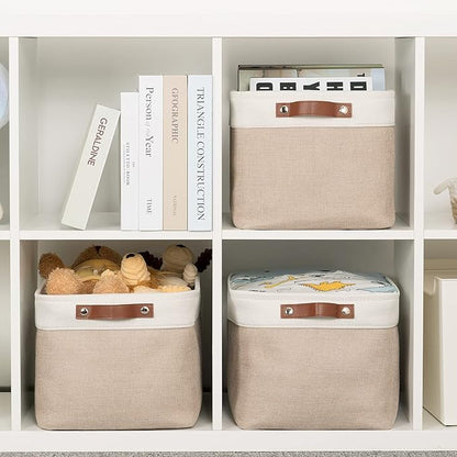 HNZIGE Fabric Storage Baskets for Shelves, Large Collapsible Storage Baskets for Organizing, Decorative Baskets Bins Set with Handles for Closet, Clothes,Home (3 Pack, White&Khaki,15" x 11" x 9.5")