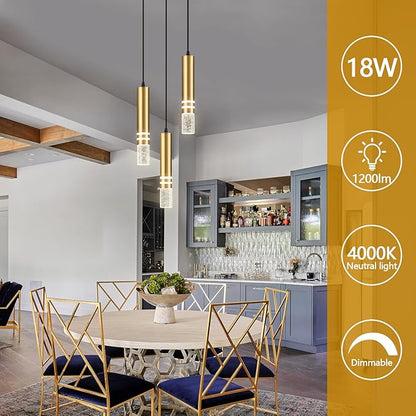 Pendant Lights Kitchen Island, Crystal Pendant Light Fixtures Mini 18W LED Modern Kitchen Pendant Lighting Over Sink and Living Room and Bedroom (Gold 3 Light)