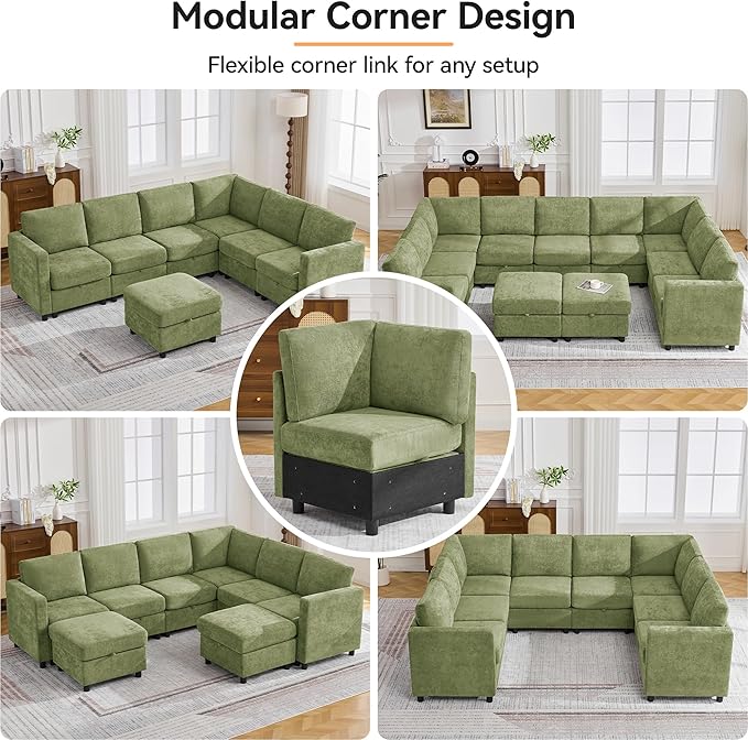 127'' Oversized U Shaped Modular Sofa, Sectional Couches with Storage for Living Room, Modern 9 Seater Cloud Sectional Couch with Movable Ottoman, Chenille Green