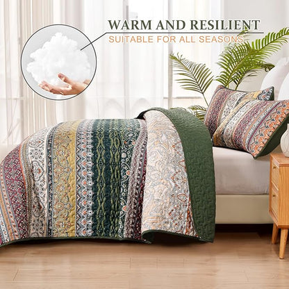 WONGS BEDDING Boho King Quilt Set, Green and Orange Bohemian Quilt Bedding Set, Fall Lightweight Bed Decor Bedspread for All Season Reversible Microfiber Coverlet Bedding Set 103"x90"(3 Pieces)