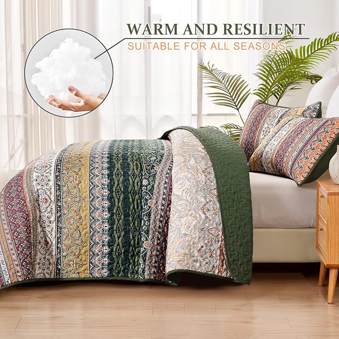 WONGS BEDDING Boho Queen Quilt Set, Green and Orange Bohemian Quilt Bedding Set, Fall Lightweight Bed Decor Bedspread for All Season Reversible Microfiber Coverlet Bedding Set 96"x90"(3 Pieces)