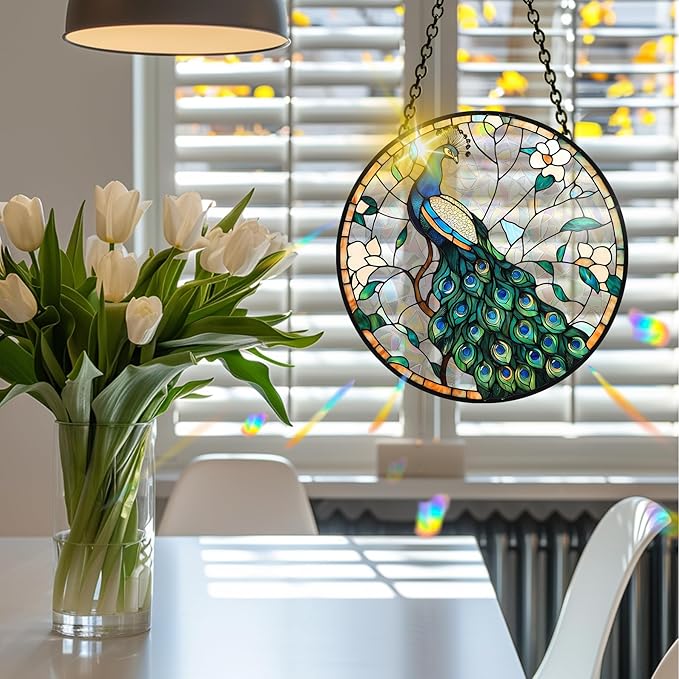 VAIIEYO Peacock Acrylic Sun Catcher Window Hanging Decoration Animal, 7.8 Inch Double-Sided Light Reflecting Ornament for Window, Garden, Porch or Balcony Decor, Housewarming, Gift for Natural Lovers