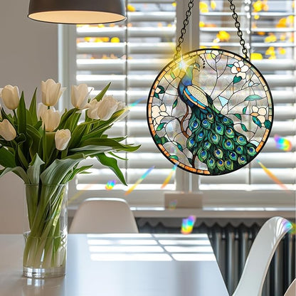 VAIIEYO Peacock Acrylic Sun Catcher Window Hanging Decoration Animal, 7.8 Inch Double-Sided Light Reflecting Ornament for Window, Garden, Porch or Balcony Decor, Housewarming, Gift for Natural Lovers