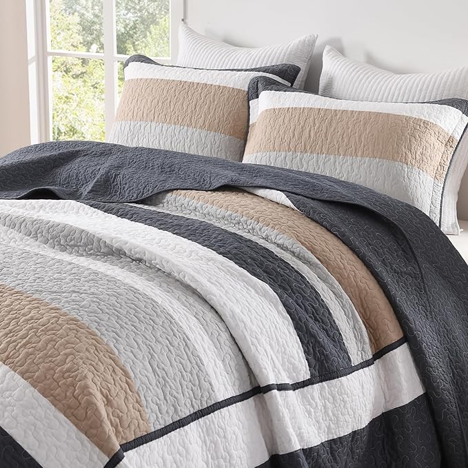 SahSahCasa 128"x120" 100% Cotton Oversized California King Bedspread Coverlet Striped Quilt Set, Cal King Quilted Bedspread Extra Large Quilt, XL Bed Spread Lightweight Comforter, Dark Slate Gray