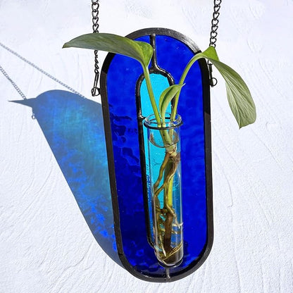 LITMIND Transparent Blue Stained Glass Propagation Station - Handcrafted Suncatcher Hanging Planter with 2 Glass Tubes, Multi-Color Hydroponic Wall Décor for Windows, Home & Garden