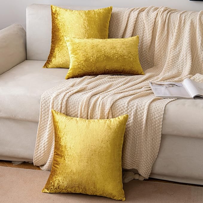 EMEMA Fall Bright Gold Velvet Throw Pillow Covers 18x18 Inch Set of 2 Decorative Square Pillowcase Soft Solid Cushion Case for Couch Sofa Bedroom Livingroom