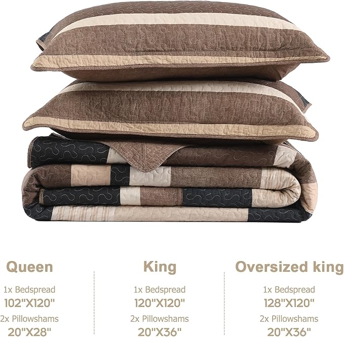 Finlonte Bedspread King Size 100% Cotton Oversized King Size Bedspreads Charcoal Brown Beige California King Quilted Bed Spread Striped Farmhouse Lightweight Soft Bedding Sets for All Season, 3 Piece