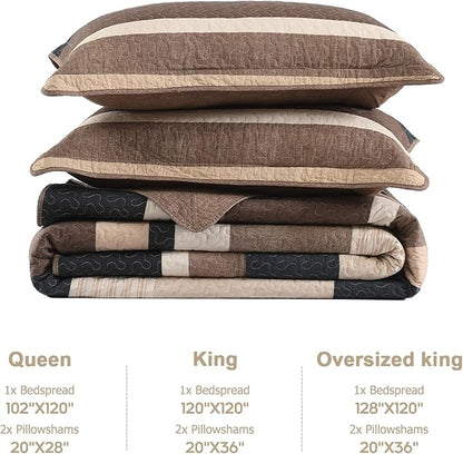 Finlonte Bedspread King Size 100% Cotton Oversized King Size Bedspreads Charcoal Brown Beige California King Quilted Bed Spread Striped Farmhouse Lightweight Soft Bedding Sets for All Season, 3 Piece