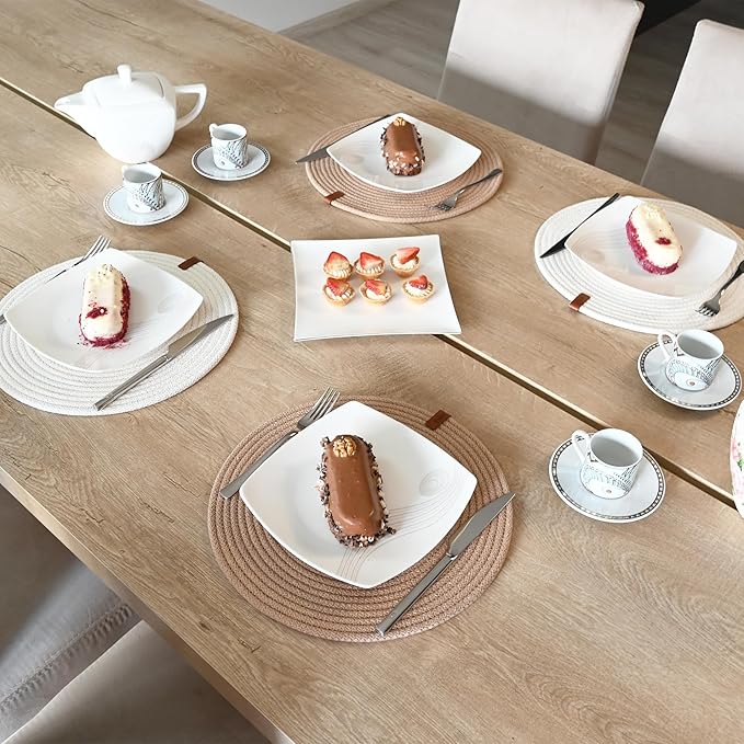 Round Placemats, Set of 6, Handmade by Braided Cotton Cord for Kitchen and Dining Table, Dia. 12.6 Inch, Doublesided, Heat Resistant, Off-White/Cappuccino