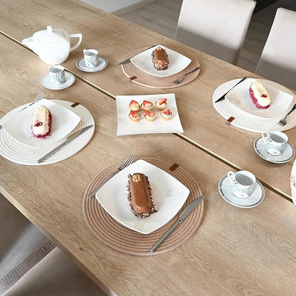 Round Placemats, Set of 6, Handmade by Braided Cotton Cord for Kitchen and Dining Table, Dia. 12.6 Inch, Doublesided, Heat Resistant, Off-White/Cappuccino