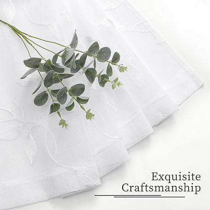 Tollpiz White Leaf Sheer Tier Curtains Leaves Embroidered Kitchen Short Curtain Rod Pocket Voile Bathroom Curtains for Cafe, 30 x 24 inches Long, Set of 2 Panels