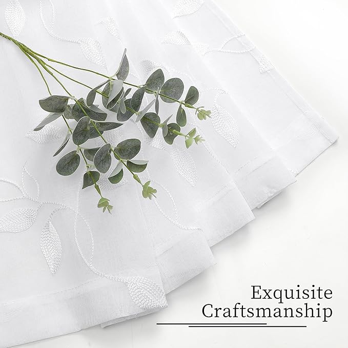 Tollpiz White Leaf Sheer Tier Curtains Short Kitchen Leaves Embroidered Curtain Rod Pocket Voile Bathroom Window Treatments for Farmhouse, 30 x 30 inches Long, Set of 2 Panels