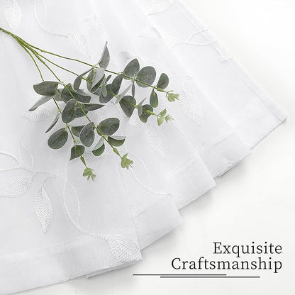 Tollpiz White Leaf Sheer Curtains Leaves Embroidered Bedroom Curtain Rod Pocket Voile Window Treatment for Living Room, 54 x 84 inches Long, Set of 2 Panels