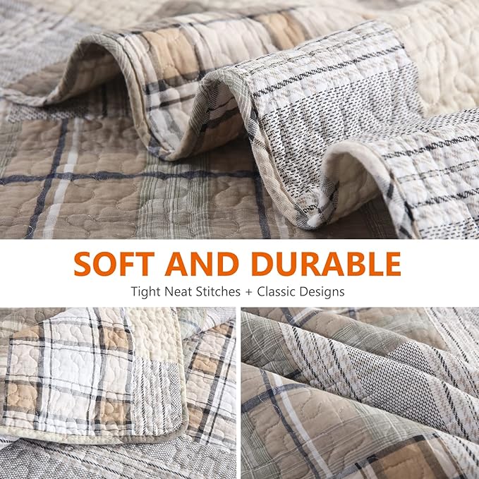 Quilts King Size - King Quilt Bedspread Sets, 100% Cotton Patchwork Quilt Bedding Set for King Bed, 3 Pieces Plaid Farmhouse Reversible Rustic Lightweight Quilted Quilt Bed Spread